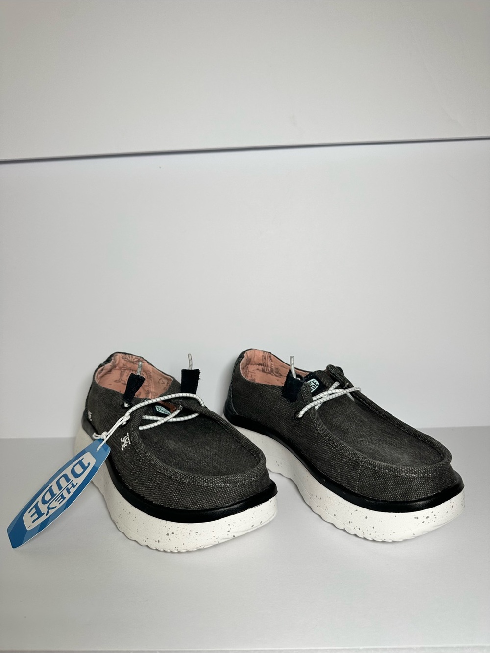 Hey Dude Women Wendy Peak Chambray Black Slip-Ons White Speckled Sole